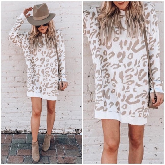 Dresses & Skirts - White Leopard Oversized Knit Sweater Dress